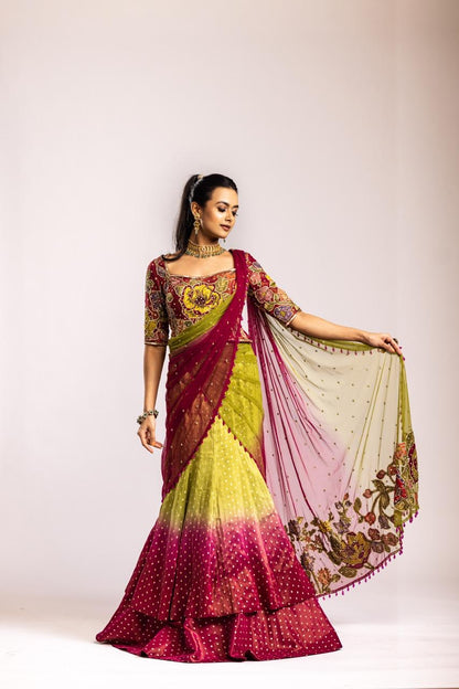 Green n pink fish cut skirt set