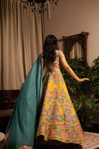 Yellow floral khalis lehenga set