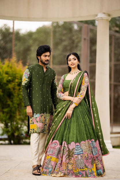Green and pink ganesha lehenga set
