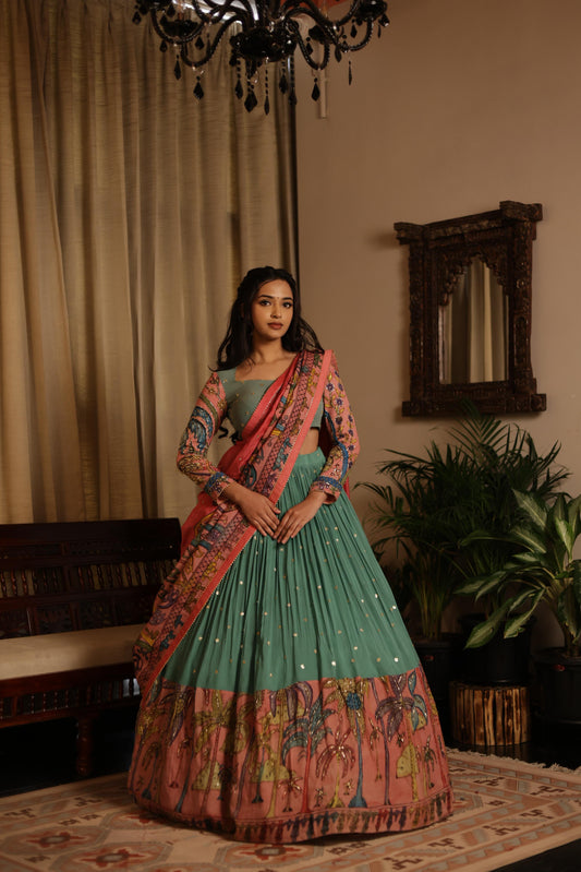 Blue/ pink palm trees lehenga set