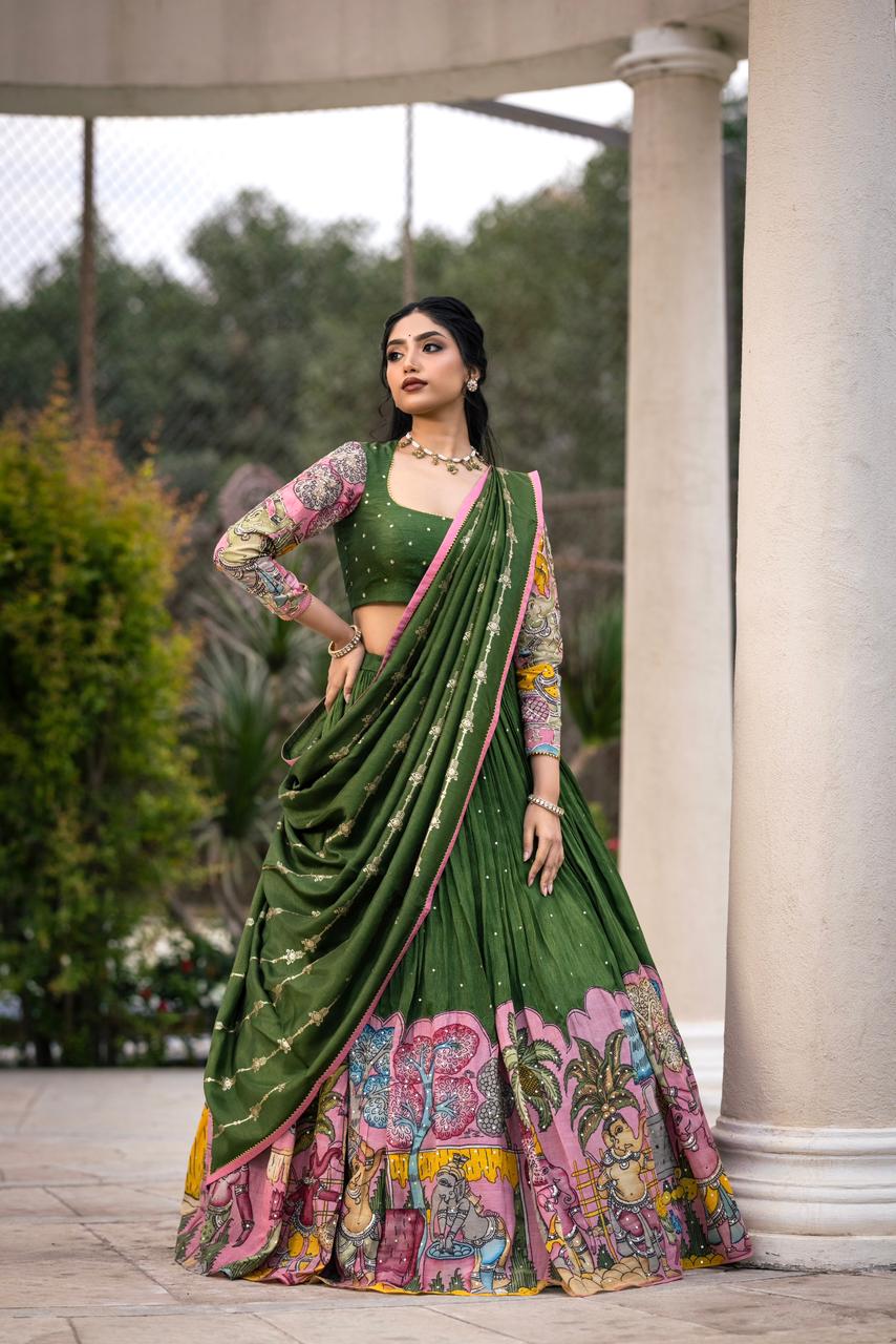 Green and pink ganesha lehenga set