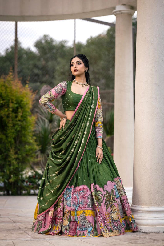 Green and pink ganesha lehenga set