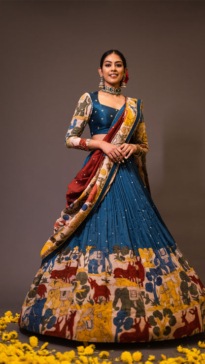 DARK BLUE ELEPHANT AND DEER LEHENGA SET