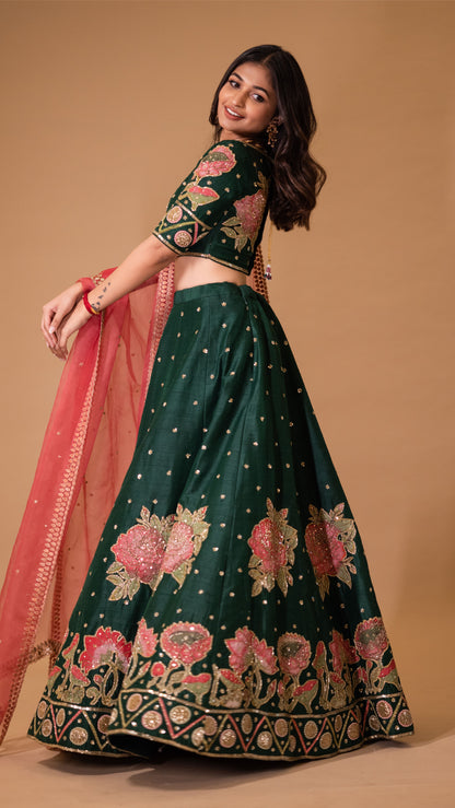 BOTTLE GREEN AND ROSE LEHENGA