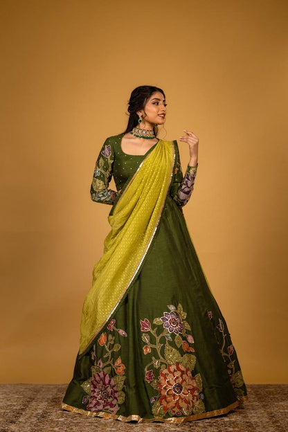 Green floral lehenga