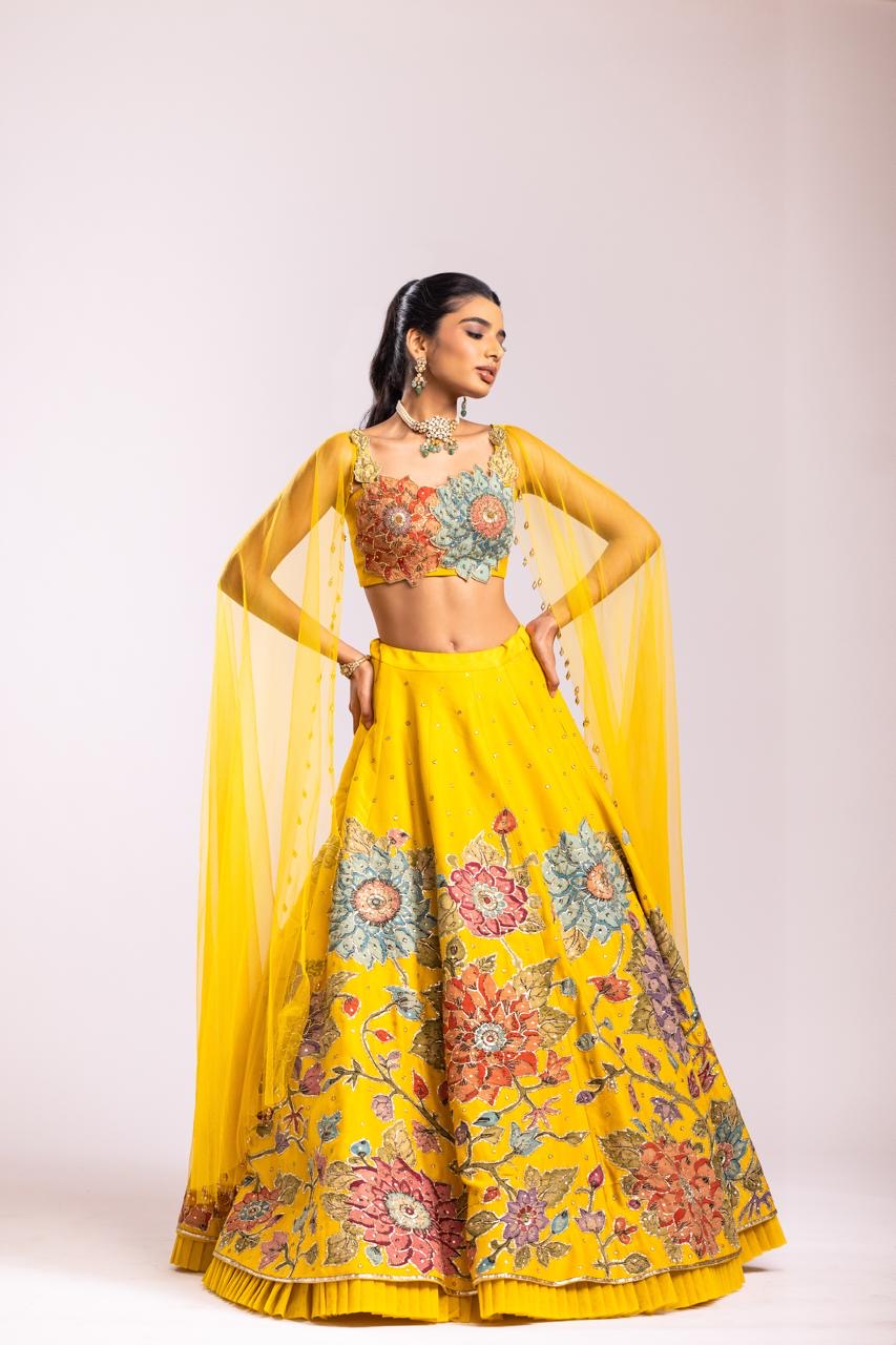 Yellow tissue lehenga set
