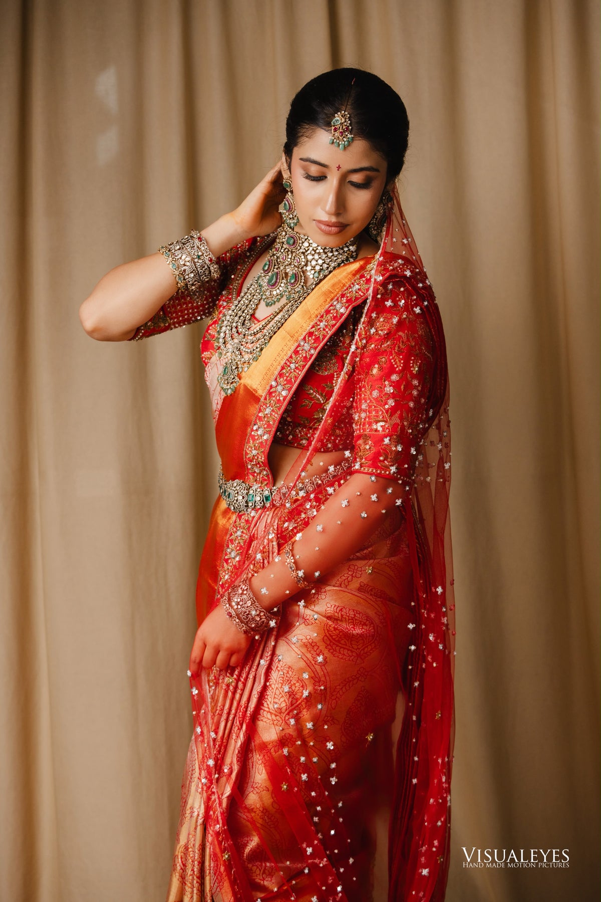 Rose gold & red kanchipattu saree