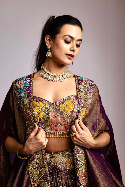 Purple tissue Lehenga cape set