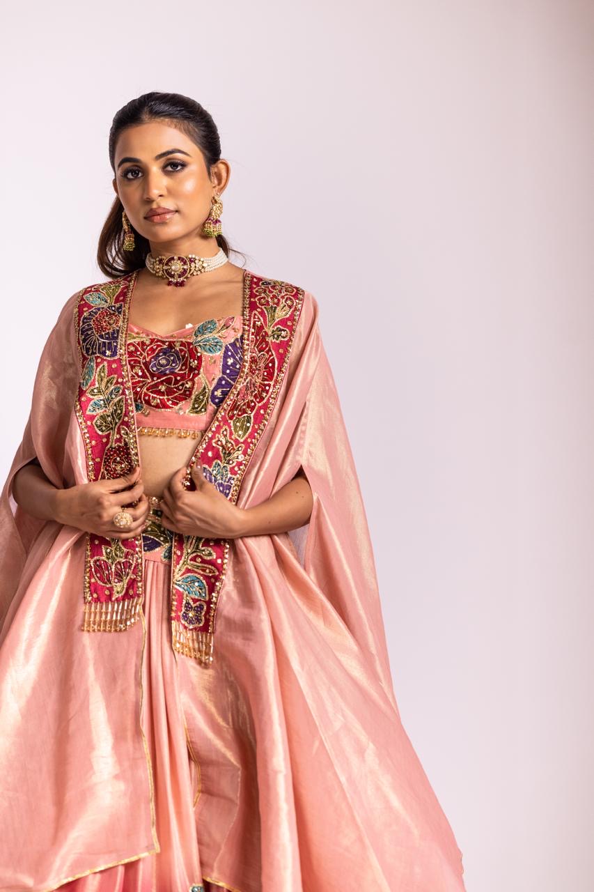 Pink dual tone cape lehenga set