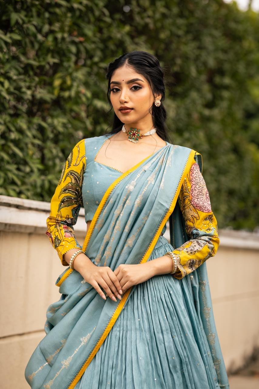 Blue/yellow ganesha lehenga set