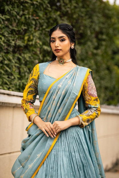 Blue/yellow ganesha lehenga set