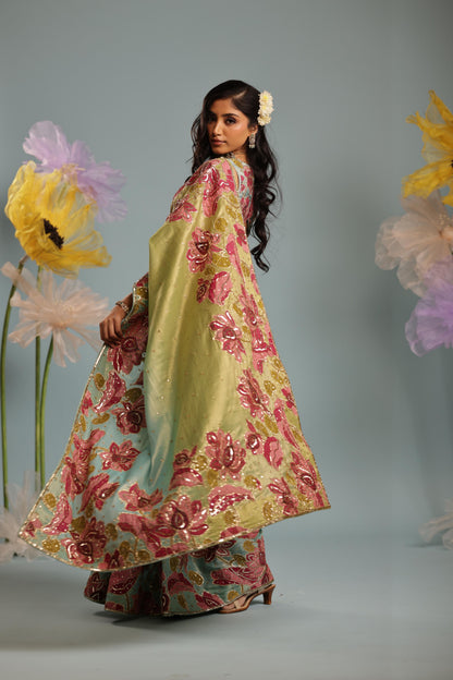 Blue/ green lotus saree