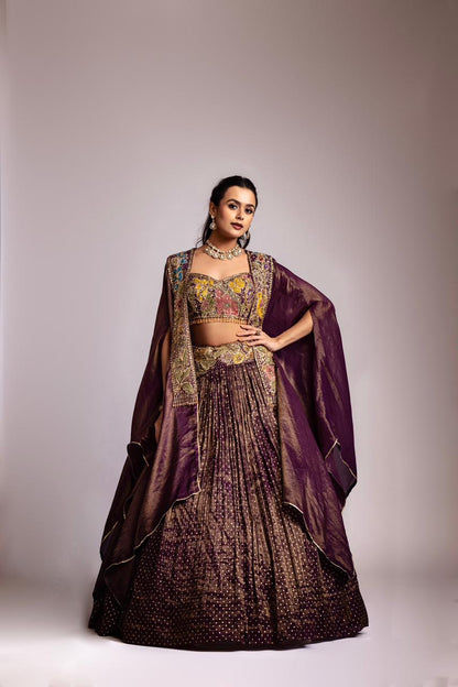 Purple tissue Lehenga cape set