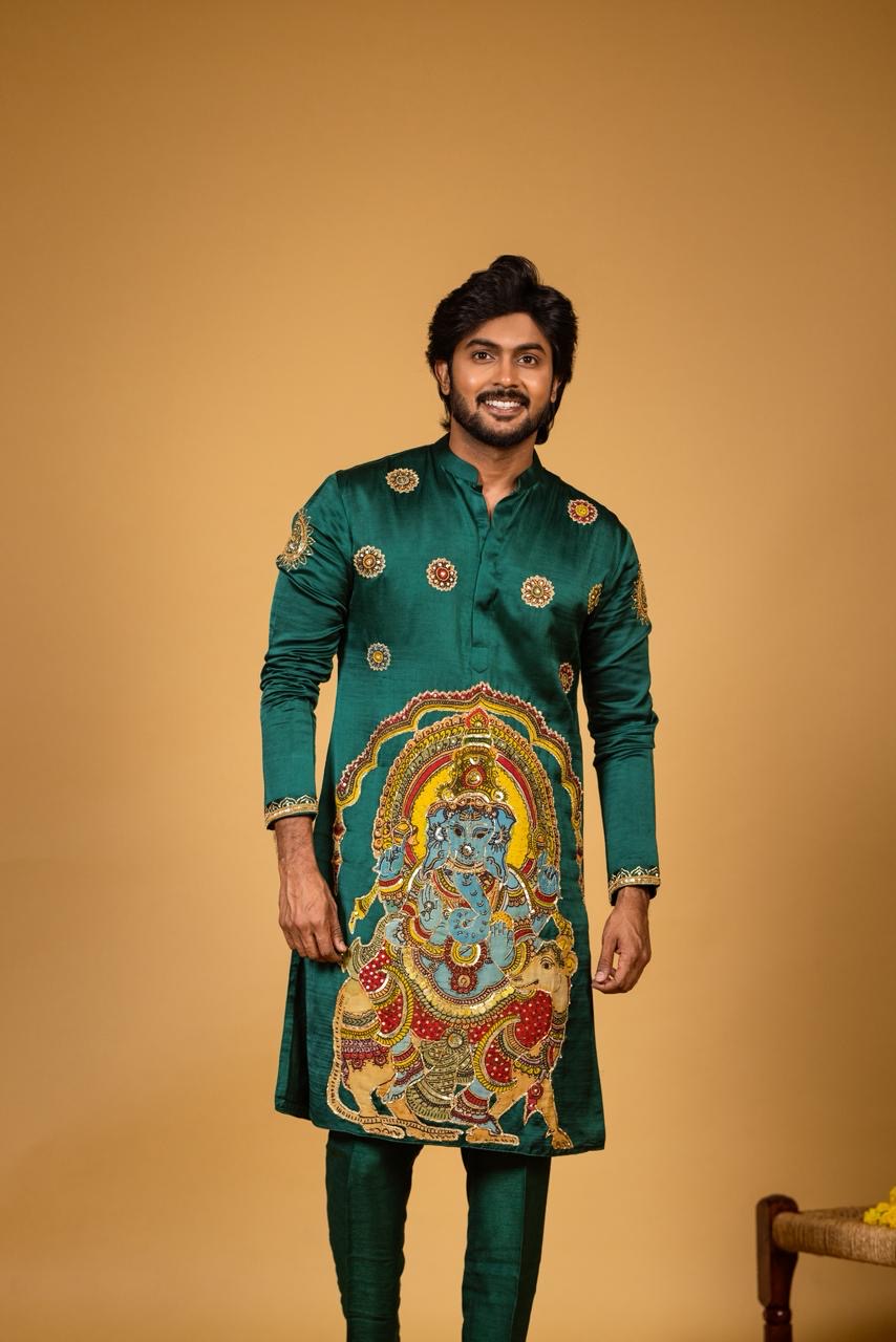 Emerald green ganesh kurta set