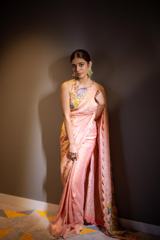 Peach falmingo saree