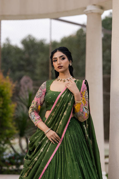 Green and pink ganesha lehenga set