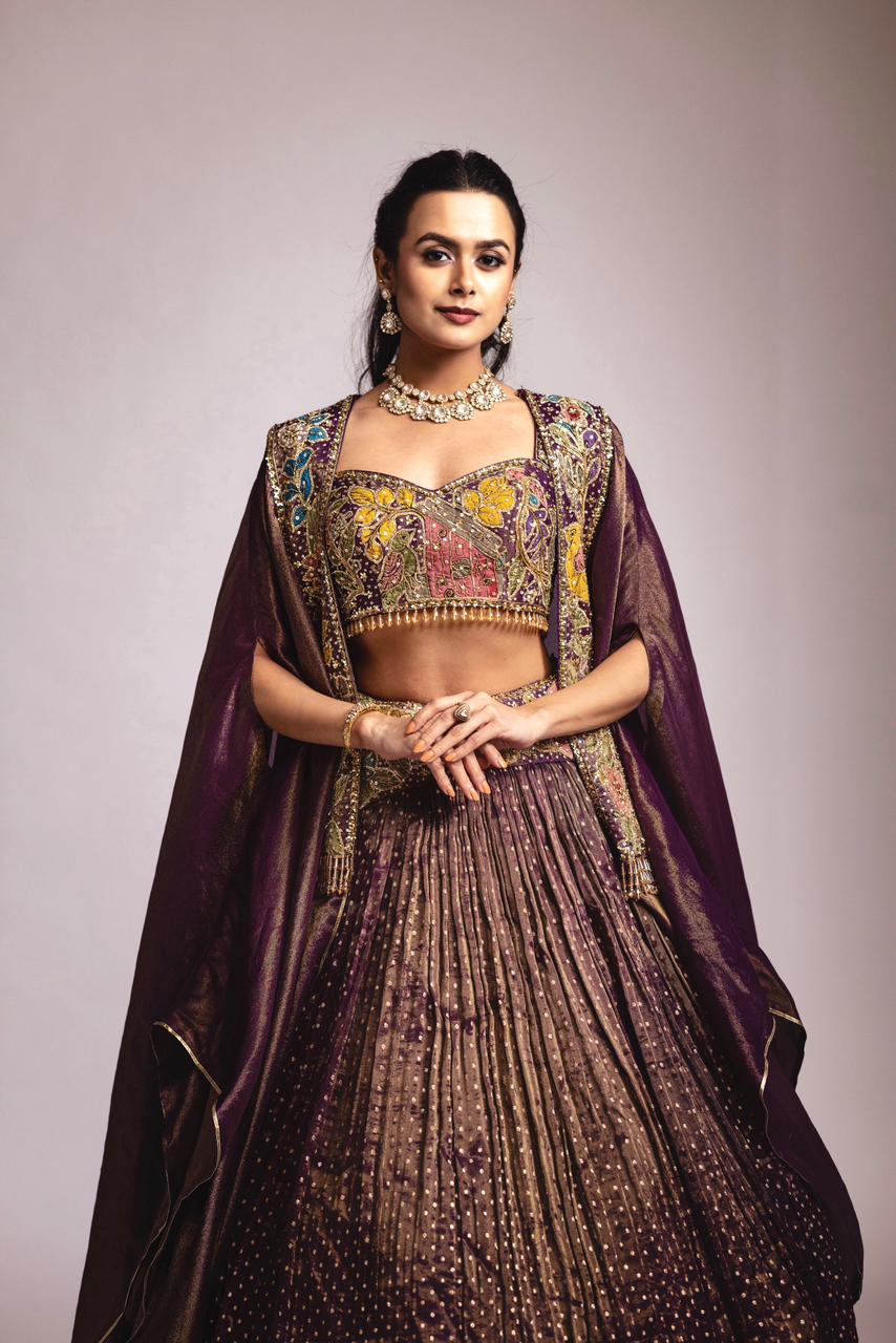 Purple tissue Lehenga cape set