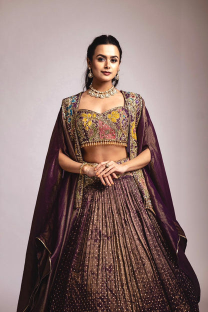 Purple tissue Lehenga cape set