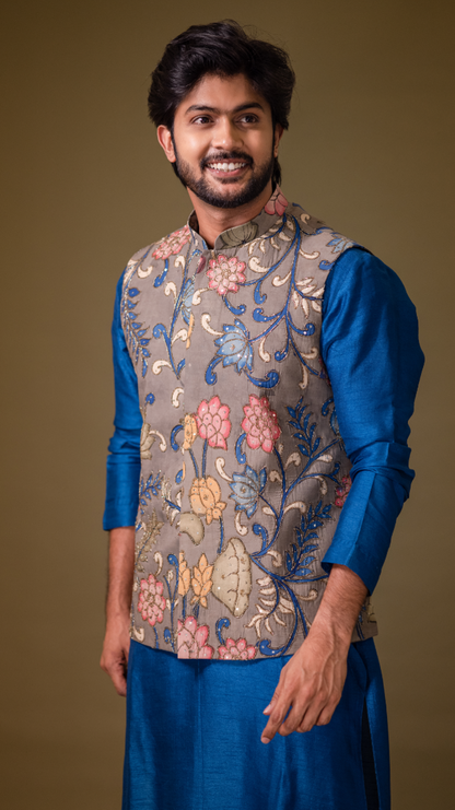 GREY AND BLUE BANDI KURTHA SET