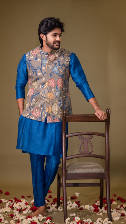 GREY AND BLUE BANDI KURTHA SET