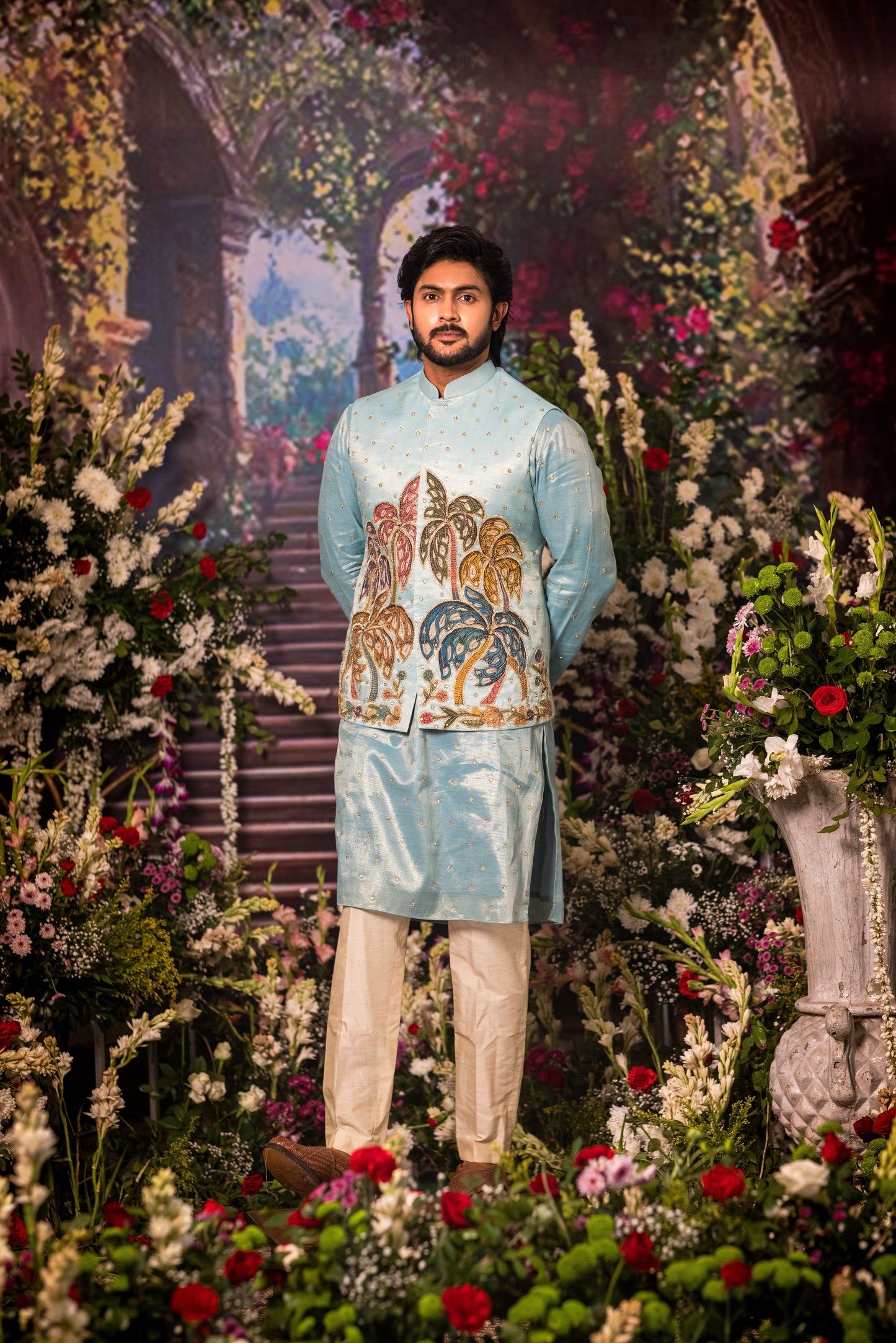 Blue palm trees coat kurtha set