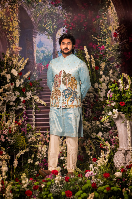 Blue palm trees coat kurtha set