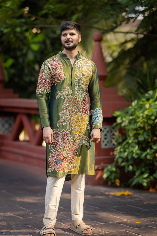 Green tissue floral kurtha set