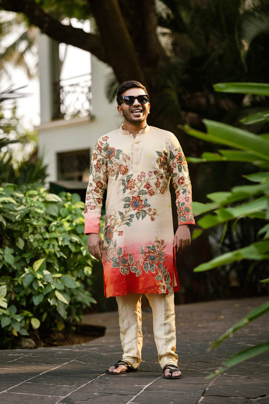 Ivory/ red floral kurtha set