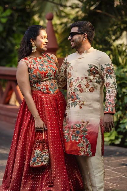 Ivory/ red floral kurtha set