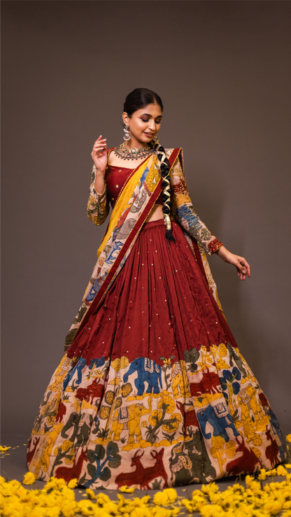 MAROON ELEPHANT & DEER LEHENGA SET