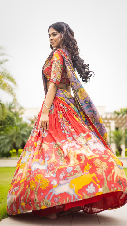 RED DEERS AND ELEPHANTS LEHENGA SET